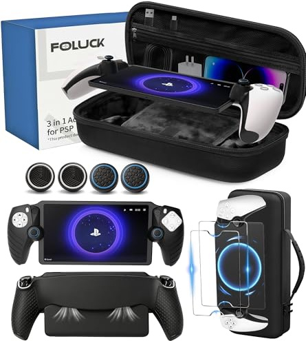 Foluck 3 in 1 Accessoris Set Compatible with Playstation Portal, EVA Carrying Case for PS5 Portal, Soft Silicone Protective Cover, 2 Pack Screen Protector, Ps Portal Accessories