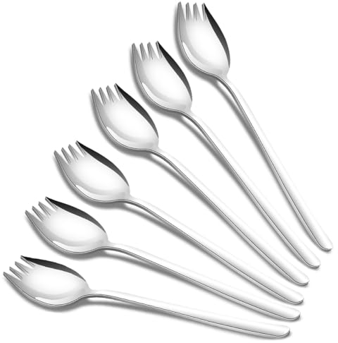 tiokin Sporks, 6 Stück 18/10 Edelstahl Sporks, Lang 7.48 Zoll Salatlöffel, Fruchtdessert Gebratene Reisnudelgabeln, Multifunktion Löffel und Gabel für Camping zu Hause oder auf Reisen