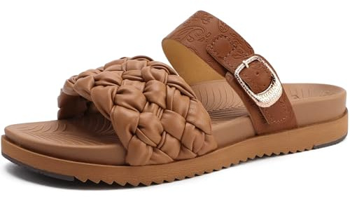 KuaiLu Womens Orthopedic Sandals Comfortable Arch Support Fashion Summer Beach Dressy Sandals Leather Braided Adjustable Open Toe Slides Cushion Travel Outdoor Plantar Fasciitis Shoes Tan Brown 8