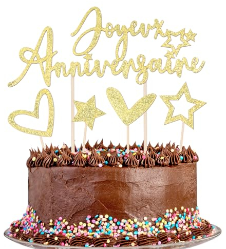 9pcs Joyeux Anniversaire Décoration de Gâteau Or Cake Cupcake Topper Étoile Cœur Gâteau Topper Happy Birthday à Paillettes Personnalisée avec Bâtons Décoration de Table pour Mariage Anniversaire Fête