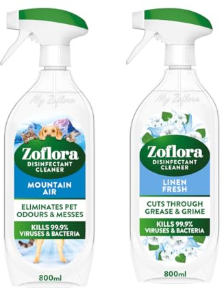 Bundle of Zoflora Linen Fresh + Mountain Air Multipurpose Disinfectant Sprays 2 x 800ml, Antibacterial Multi-surface Cleaner, Pet-Friendly, Kills 99,9% of Bacteria & Viruses