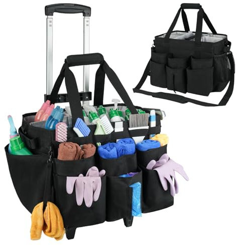 ZIOZERTT Large Rolling Cleaning Caddy Bag with Detachable Trolley,Cleaning Cart on Wheels with Shoulder Strap,Cleaning Supplies Organizer for Housekeepers,Black