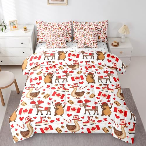Canada Flag Comforter Set Full,Cartoon Duck Beaver Moose Wild Animal Bedding Set,Red Marple Leaves Ice Hockey Graffiti Bed Set 7 Pieces(Comforter+Fitted+Flat Sheet+Pillowcase+Pillow Cover)