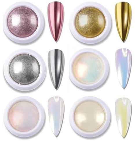6pcs Chrome Nail Powder, Superspiegel-Nagelglitzer | Metal Holo Cromepulver NäGel Gel Pigment Weiß Aurora Glazed Donut Glassy Pearl Nagelpuder, Silver Nagelkunstsalon Diy Design
