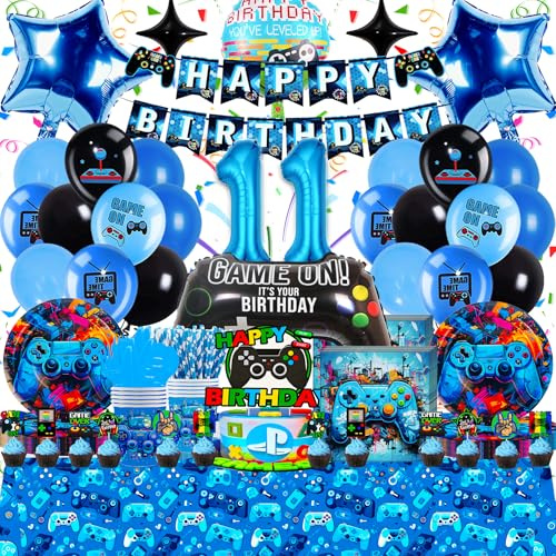 Frotox Décoration d'anniversaire jeu Vidéo 11 Ans pour Garçons - 94 pièces Set Ballons d'anniversaire, Vaisselle en Bleu et noir, Haute Qualité et Respectueux de l'environnement, Facile à Assembler