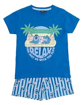 Disney Pijama Niño Verano 100% Algodón - Pijama Manga Corta Stitch Waves para Niño – Pantalón Corto con Cinturilla Elástica Estampado – Tejido Suave al Tacto, Azul - Talla 12 Años