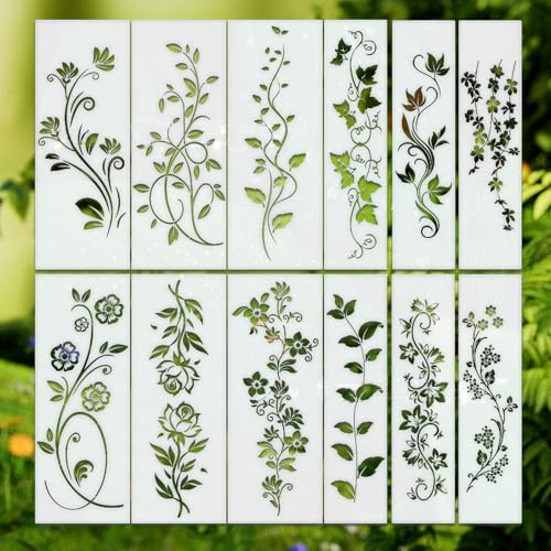 12 Stück Schablonen zum Bemalen, Blumenrankenmalerei-Schablonen, wiederverwendbare Blattschablone für Wände für DIY Handwerk, Möbel