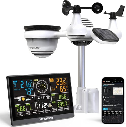 Vorsprung 7-in-1 WiFi Smart Weather Station with Outdoor Sensor, 7.3 Colour LCD Display, Wireless Rain Gauge, Wind Speed, UV+ Solar Radiation, App Remote Monitoring - Weather Underground & MSF Clock
