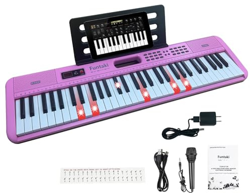 Funtaki Interaktivt tangentbordspiano med 61 tangenter för barn, upplysta tangenter, MIDI-stöd, 200 ljud och demolåtar, bärbart elektriskt piano för åldrarna 3–7 nybörjare