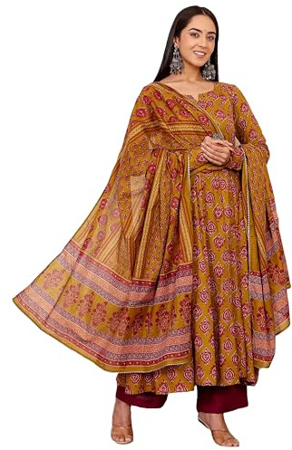 GoSriKi Set da donna Anarkali Kurta con abiti Dupatta in puro cotone da donna con Dupatta | Set da donna in cotone | Stampa Ajrakh 3 pezzi Abbigliamento etnico, senape, XL
