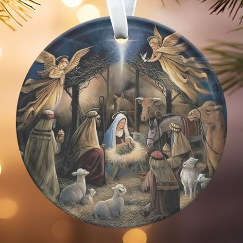 Ceramic Christmas Ornaments, Christmas Nativity Scene Silhouette Holy Family Figurine, Nativity Stable Holy Birth Jesus Christ, Religious Christian Keepsake Gift, for Hanging Decorations Gifts