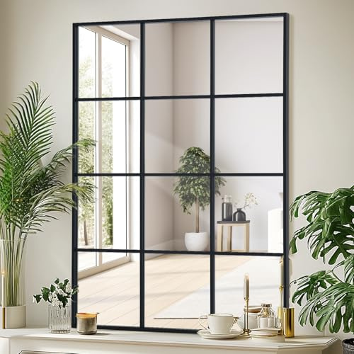 LunaMirror - Espejo rectangular de 60x90 cm, espejo de ventana negro con marco de aluminio para colocar en la pared, espejo para decoración interior de sala de estar, pasillo, entrada, jardín al aire