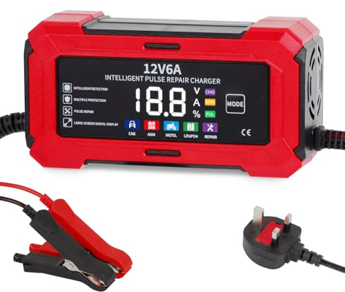 PopuLike 12V 6A Smart Car Battery Charger, Portable Trickle Charger and Maintainer with Full Protection & Fan Cooling Design for Automotive, Motorcycle, Motorbike, AGM, LiFePO4, Start-Stop Batteries
