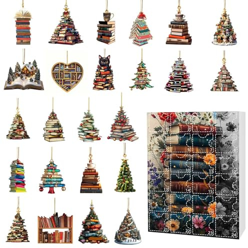 Calendario de Adviento de libros, calendario de cuenta regresiva de Navidad de 24 días con adornos acrílicos 2D para estantes de libros, decoraciones planas para el hogar, biblioteca, oficina, árbol