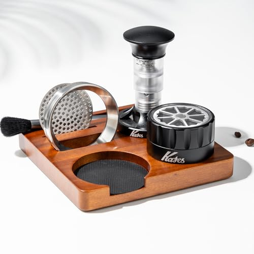ISHEWEDU Espresso Tamping Station, 6 in 1 Coffee Tamping Station & Tamper Station for 51/53/58mm Portafilter, with Knock Box, Distributor, Portafilter Holder & Espresso Accessories (Walnut Wood, Brown