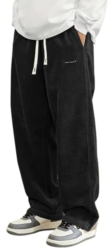 PADOLA Pantalon Velours Côtelé Homme Baggy Taille Elastique Pantalons Cargo avec Poches Décontracté Tricoté Pantalon de Travail Jambes Larges Ample Y2K Pantalons Jogging Sport (0 Noir, XL)