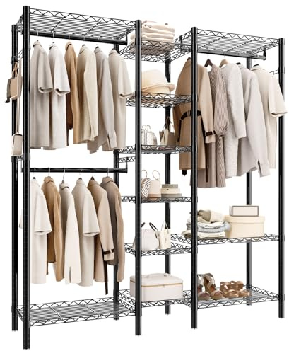 AQRA Offener Kleiderschrank aus Metall, Schwerlast Kleiderständer | 4 Montagemöglichkeiten, Höhenverstellbare Ablagen, Maße 144×42×193cm, Kinderleichte Montage ohne Werkzeug
