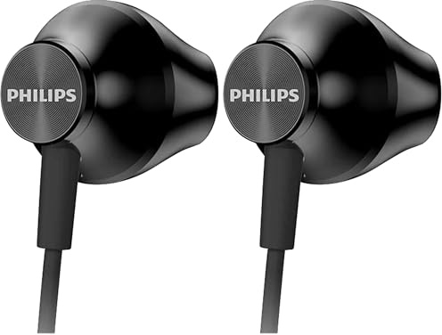 Philips cuffie auricolari con filo UE100BK/00 con prestazioni migliorate del basso (driver Neodym 14,2 mm, design ergonomico, cavo da 1 m), nero - modello 2020/2021 (Confezione da 2)