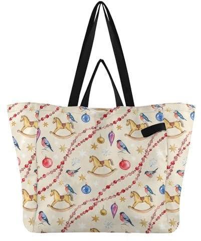 Borsa in tela di grande capacità da cucina per la spesa, borsa da damigella d'onore per donne mercato agricolo, viaggio vintage motivo cavallo a dondolo