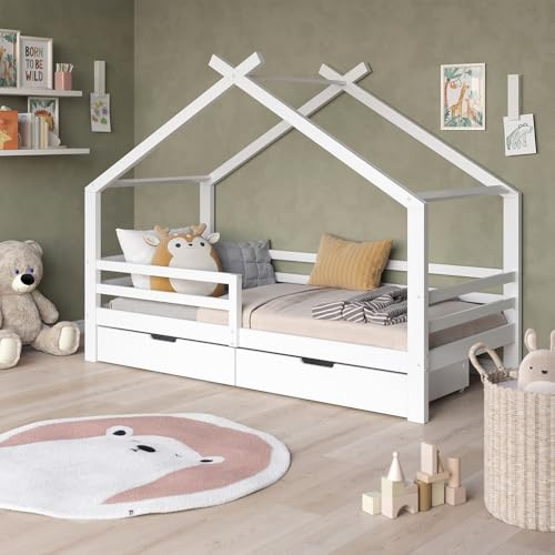 VitaliSpa Hausbett Luni 200x90 cm, Kinderbett Weiß in Hausform, mit 2 Aufbewahrungsschubladen und Lattenrost, aus Kiefernholz