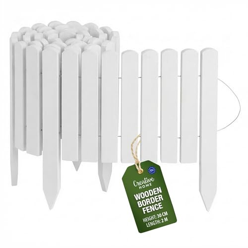 Creative Home Log Wooden Fixed Border Fence, 30cm High, White | Natural Flexible Picket Log Garden Edging for Lawn, Flower Beds and Paths, Wooden Garden Border, Weather Resistant, 200cm