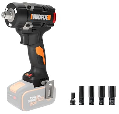 WORX WX273.9 20V PowerShare Brushless Cordless Impact Wrench 142mm 600Nm | 20V brushless impact wrench; 600Nm torque; built-in LED light; tool only – battery & charger sold separately