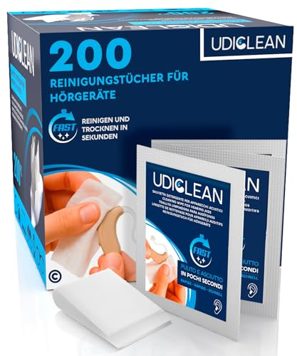 200 Reinigungstücher für Hörgeräte - Einzeln Verpackte Udiclean-Feuchttücher - Entfernen Schweiß, Schmutz und Fett und Trocknen Schnell