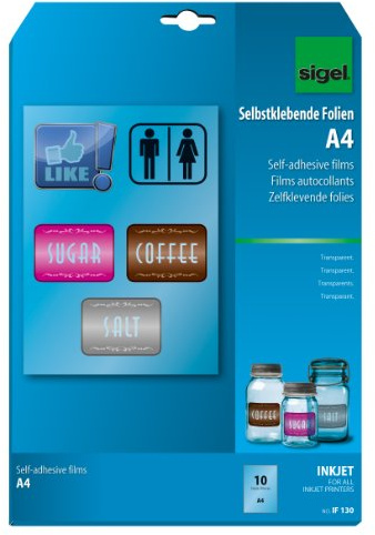 SIGEL IF130 InkJet-Folien A4, 10 Blatt, selbstklebend, transparent, stapelverarbeitbar, 140 µm