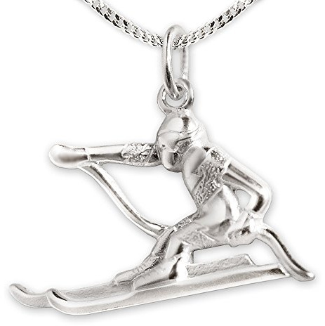 CLEVER SCHMUCK Skifahrer Halskette Anhänger Alpinist Ski 13 x 12 mm Abfahrt Slalom matt & glänzend sowie Kette Panzer 45 cm STERLING SILBER 925