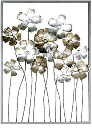 Casablanca Metallbilder Wanddeko Bilder Metall – moderne Wanddekoration Wohnzimmer – Wandbild 3D Metallbild Wand Deko Blumen Blätter Wall Decoration 58 x 89 cm Braun Gold Creme