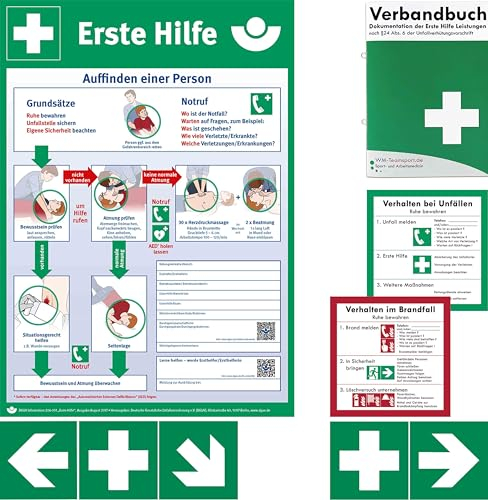Verbandbuch mit Aushang 1.Hilfe-Anleitung, Verhalten bei Unfällen + Verhalten im Brandfall + erste-Hilfe-Wegweiser als Komplettpaket