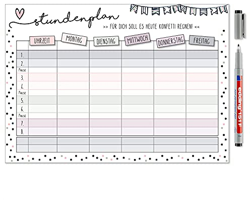 Stundenplan Konfetti mit magnetischer Rückseite I DIN A4 I zum Schulanfang I für Mädchen I abwischbar magnetisch wiederbeschreibbar I dv349