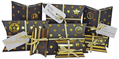 Frau WunderVoll® DIY Adventskalender zum Befüllen HoHoHo Metallic, matt schwarz, Gold/Weihnachtskalender Bastelset Weihnachten,Schachteln,Kissenschachteln, Pillowbox, Kinder, Zahlen, Geschenkbeutel
