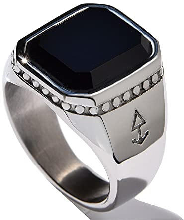 Rock and Steel Herren Ring Siegelring mit Onyx Stein, Edelstahl (Silber, 58 (18.5 mm))