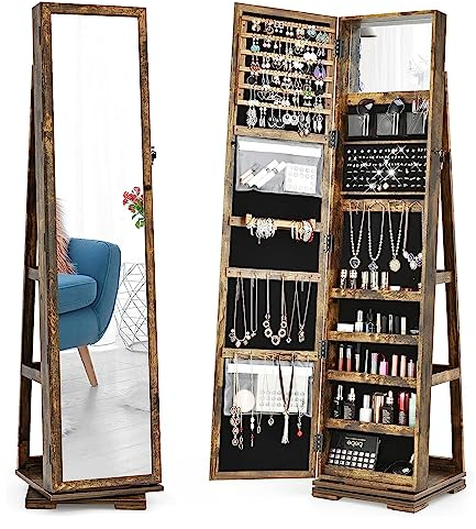 COSTWAY Schmuckschrank, Spiegelschrank mit Ganzkörperspiegel und eingebauter Make-up-Spiegel, 360° drehbar, abschließbar, stehend, Schmuckaufbewahrung, Schmuck-Organizer mit Schlüsseln (Braun)