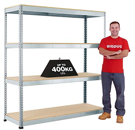 BiGDUG Heavy Duty 4 Tier Shelving Unit - Steel Racking - 198cm x 152.5cm x 61cm - 400kg Capacity Per Shelf - 1600kg Load Per Shelving Bay - Galvanised