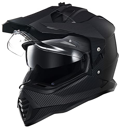ILM Casco Moto Hombre Mujer Motocross Doble Visera Solar Certificado ECE WS902,Carbono,L