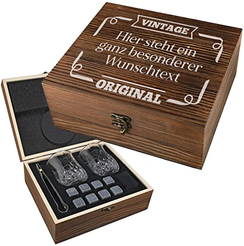 7-TLG Whisky Steine Set mit Gravur - Motiv Wunschtext - personalisiert - 1x Holzkiste, 2X Gläser, 9X Kühlsteine, 1x Beutel, 1x Stahlzange - wiederverwendbar - Eiswürfel - Papa, Vater