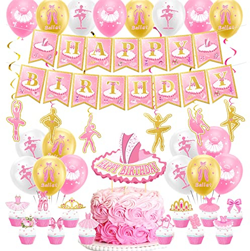 Ballett Geburtstag Party Zubehör Ballerina Dekoration Inklusive Happy Birthday Banner Spirals Kuchen Cupcake Topper Ballons Tanz Thema