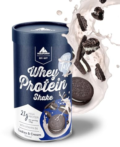 Multipower Whey Protein Shake – wasserlösliches Proteinpulver mit Cookies & Cream Geschmack aus Wheykonzentrat und -Isolat – 21 g Protein und Vitamin B6 in nachhaltiger Pappwickeldose – 420 g