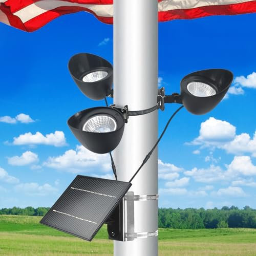 Flag Pole Light Solar Powered 3 Super-Spotlights LEDs 4400mA battery Adjustable Metal Clamps Fits 2-6''Flag Poles Coverage-Light Up American Flag Outdoor with Solar FlagPole Light from Dusk to Dawn