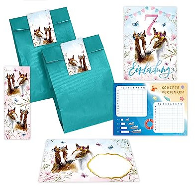 Minkocards 12 Einladungskarten zum 7. Kindergeburtstag Mädchen Pferde Einladung siebte Geburtstag incl. 12 Umschläge, 12 Partytüten/petrol, 12 Aufkleber, 12 Lesezeichen, 12 Schiffe versenken