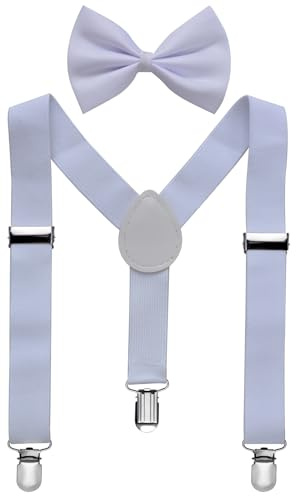 Miobo Tirantes unisex con pajarita para niños: elegantes y prácticos, con tres clips, Blanco, S