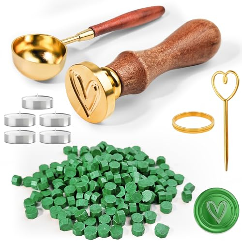 CoKeeSun Set di 200 pezzi di cera per sigilli verde, per inviti, biglietti, buste, regalo, con 1 timbro, 1 cucchiaio, 1 stampo, 1 agitatore, 5 lumini