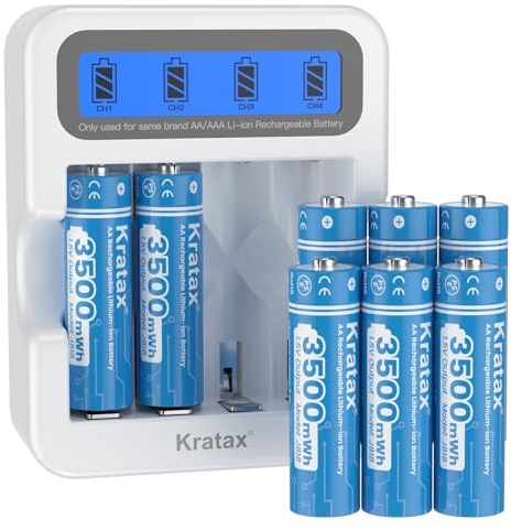 Kratax 1,5V AA Akku, 3500mWh Hohe Kapazität mit 1600 Langen Zyklen, 8 Stücke Wiederaufladbare Lithium AA Batterien mit 2-Stunden-Schnelllade LCD-Display Ladegerät