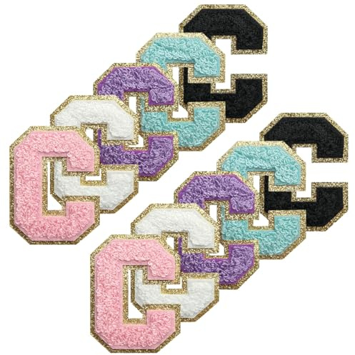 WILDREEDS Selbstklebende Chenille-Buchstaben-Patches mit goldenem Glitzer-Bordüre, zum Aufbügeln, bestickte Chenille-Stickerei für Kleidung, C (weiß, schwarz, rosa, lila, blau), 10 Stück