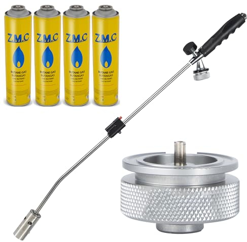 ZMC Unkrautvernichter 2,5 kW + 4 Gaskartuschen 330g, inkl Adapter für Eurogewinde, Unkrautbrenner mit Piezo-Zündung, Abflammgerät mit einstellbarer Flammenleistung bis zu 1400 °C
