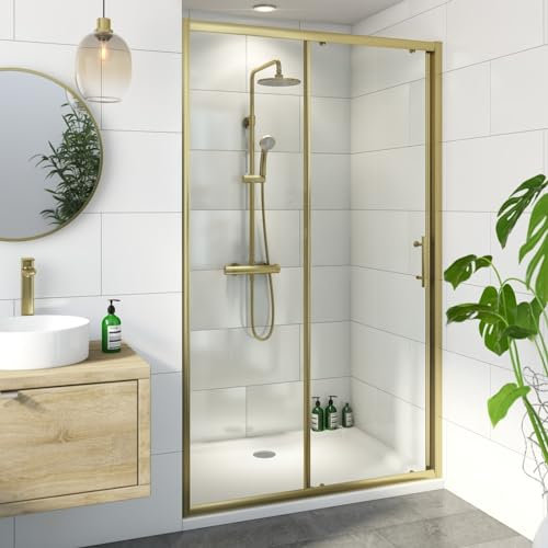 Luxura® 1200mm Sliding Shower Door Screen for Wet Room Cubicle Enclosures, 6mm Toughened Safety Glass, Framed, Reversible, Brushed Brass