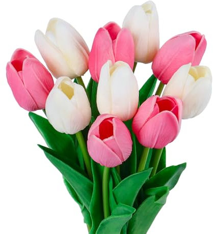 VaryFloral 10 Pezzi Tulipani Finti Rosa e Bianco Fiori Finti per Decorazioni Realistico Bouquet Fiori Finti Gambo Lungo Mazzo di Fiori Realistico Tulipani in lattice per Festa Casa Decorazione Sposa
