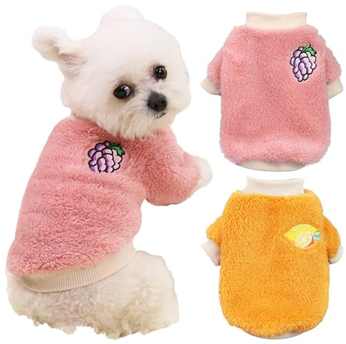 Yaopelky Winterkleidung für kleine und mittelgroße Hunde, Fleece, Rollkragen-Overall, niedlicher Fruchtdruck, Katzen-Outfit für Chihuahua, Yorkie, Teddy, Rosa-Orange, Größe M, 2 Stück